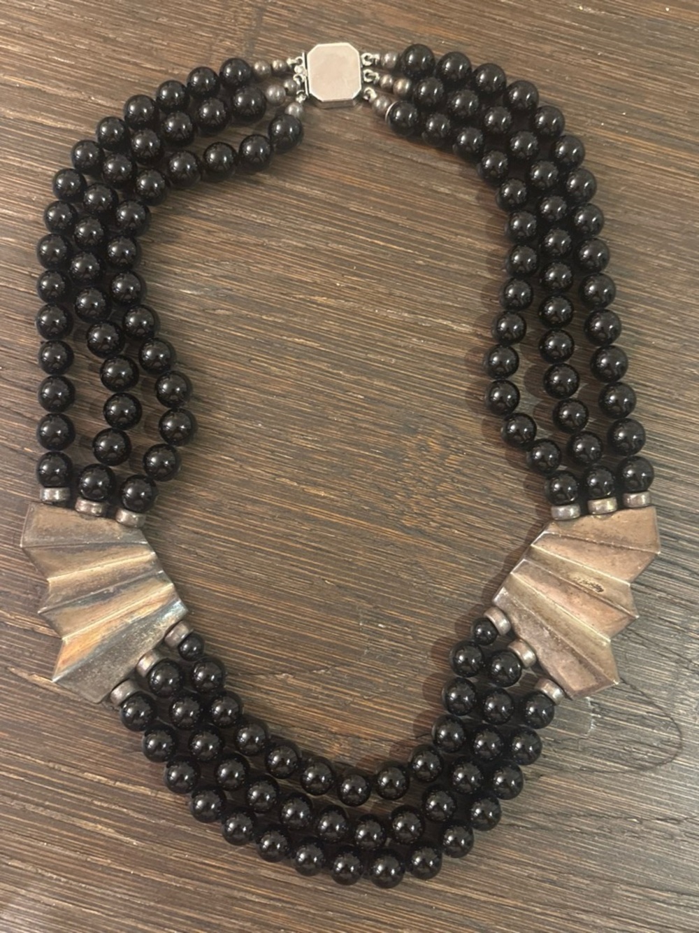 Vintage Multi-Strand Black Bead Statement Necklace with Sterling Silver Accents